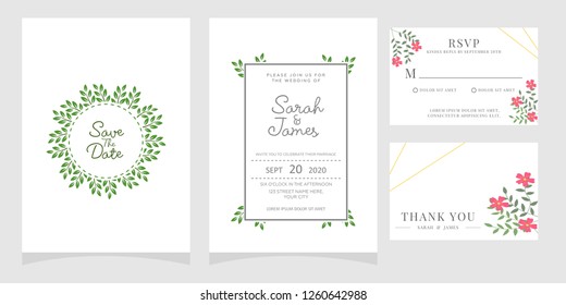wedding invitation card template Vector illustration. Set of card with flower rose, leaves. Floral poster, invite. Wedding ornament concept.