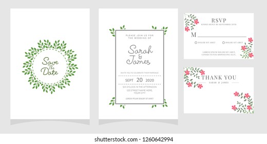 wedding invitation card template Vector illustration. Set of card with flower rose, leaves. Floral poster, invite. Wedding ornament concept.