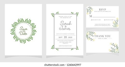 wedding invitation card template Vector illustration. Set of card with flower rose, leaves. Floral poster, invite. Wedding ornament concept.