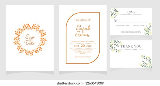 wedding invitation card template Vector illustration. Set of card with flower rose, leaves. Floral poster, invite. Wedding ornament concept.