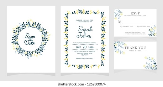 wedding invitation card template Vector illustration. Set of card with flower rose, leaves. 