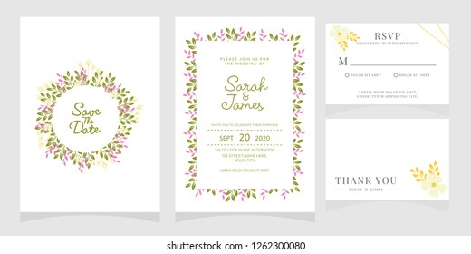 wedding invitation card template Vector illustration. Set of card with flower rose, leaves. 
