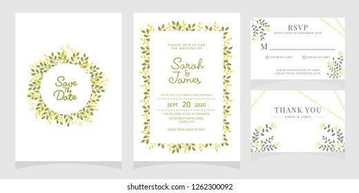 wedding invitation card template Vector illustration. Set of card with flower rose, leaves. 