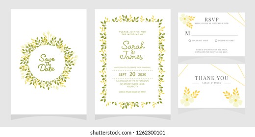 wedding invitation card template Vector illustration. Set of card with flower rose, leaves. 