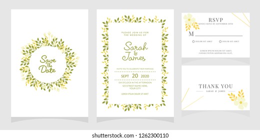 wedding invitation card template Vector illustration. Set of card with flower rose, leaves. 