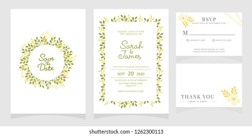wedding invitation card template Vector illustration. Set of card with flower rose, leaves. 