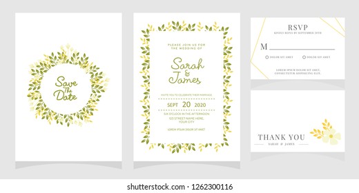 wedding invitation card template Vector illustration. Set of card with flower rose, leaves. 