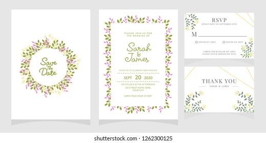 wedding invitation card template Vector illustration. Set of card with flower rose, leaves. 