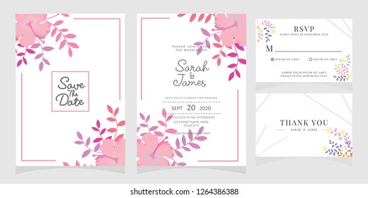 wedding invitation card template Vector illustration. Set of card with flower rose  leaves.