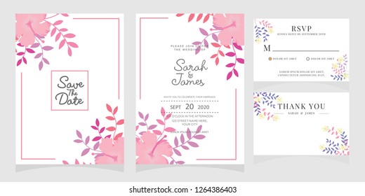 wedding invitation card template Vector illustration. Set of card with flower rose  leaves.