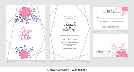 wedding invitation card template Vector illustration. Set of card with flower rose  leaves.