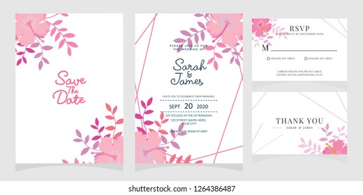 wedding invitation card template Vector illustration. Set of card with flower rose  leaves.