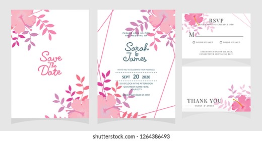 wedding invitation card template Vector illustration. Set of card with flower rose  leaves.