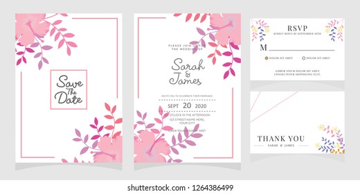 wedding invitation card template Vector illustration. Set of card with flower rose  leaves.