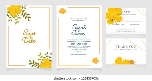 wedding invitation card template Vector illustration. Set of card with flower rose  leaves.