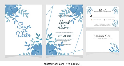 wedding invitation card template Vector illustration. Set of card with flower rose  leaves.