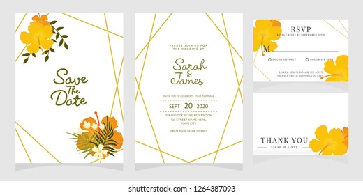wedding invitation card template Vector illustration. Set of card with flower rose  leaves.