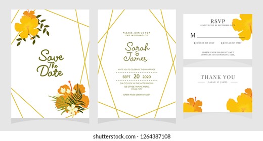 wedding invitation card template Vector illustration. Set of card with flower rose  leaves.