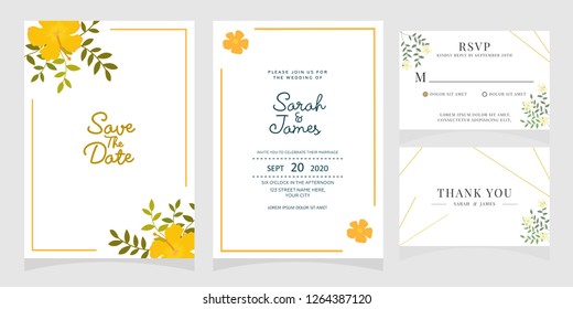 wedding invitation card template Vector illustration. Set of card with flower rose  leaves.