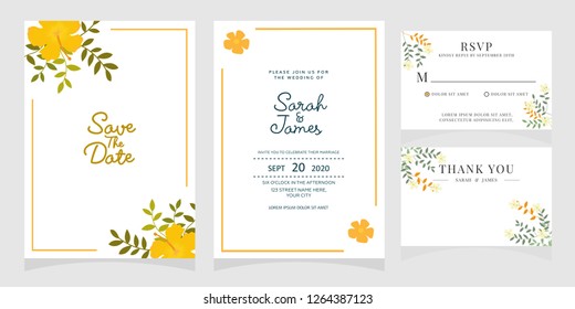 wedding invitation card template Vector illustration. Set of card with flower rose  leaves.