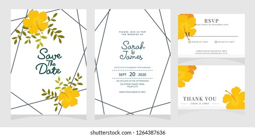 wedding invitation card template Vector illustration. Set of card with flower rose  leaves.