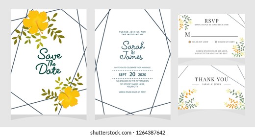 wedding invitation card template Vector illustration. Set of card with flower rose  leaves.
