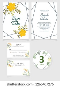 wedding invitation card template Vector illustration. Set of card with flower rose  leaves