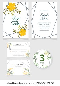 wedding invitation card template Vector illustration. Set of card with flower rose  leaves