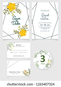 wedding invitation card template Vector illustration. Set of card with flower rose  leaves