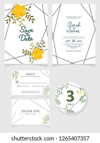 wedding invitation card template Vector illustration. Set of card with flower rose  leaves