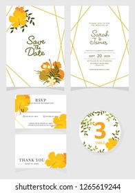 wedding invitation card template Vector illustration. Set of card with flower rose  leaves.