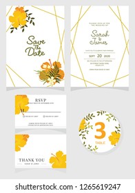 wedding invitation card template Vector illustration. Set of card with flower rose  leaves.