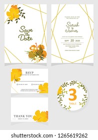 wedding invitation card template Vector illustration. Set of card with flower rose  leaves.