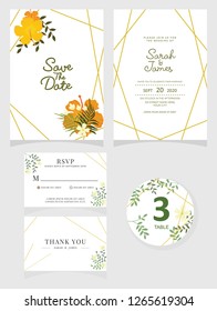 wedding invitation card template Vector illustration. Set of card with flower rose  leaves.