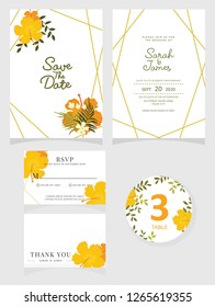 wedding invitation card template Vector illustration. Set of card with flower rose  leaves.