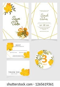 wedding invitation card template Vector illustration. Set of card with flower rose  leaves.