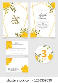 wedding invitation card template Vector illustration. Set of card with flower rose  leaves.

