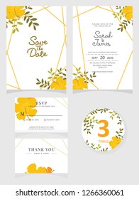 wedding invitation card template Vector illustration. Set of card with flower rose  leaves.