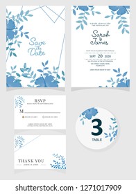 wedding invitation card template Vector illustration. Set of card with flower rose  leaves.