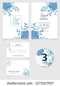 wedding invitation card template Vector illustration. Set of card with flower rose  leaves.