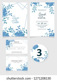 wedding invitation card template Vector illustration. Set of card with flower rose  leaves
