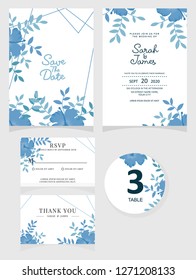 wedding invitation card template Vector illustration. Set of card with flower rose  leaves