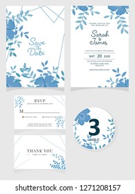wedding invitation card template Vector illustration. Set of card with flower rose  leaves