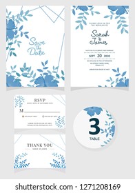 wedding invitation card template Vector illustration. Set of card with flower rose  leaves