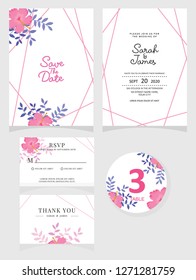 wedding invitation card template Vector illustration. Set of card with flower rose  leaves