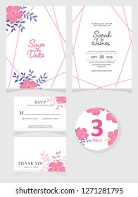 wedding invitation card template Vector illustration. Set of card with flower rose  leaves