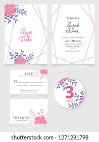wedding invitation card template Vector illustration. Set of card with flower rose  leaves
