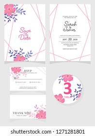 wedding invitation card template Vector illustration. Set of card with flower rose  leaves