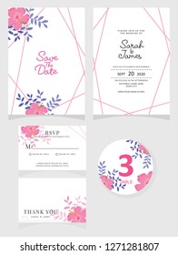 wedding invitation card template Vector illustration. Set of card with flower rose  leaves