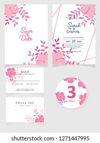 wedding invitation card template Vector illustration. Set of card with flower rose  leaves